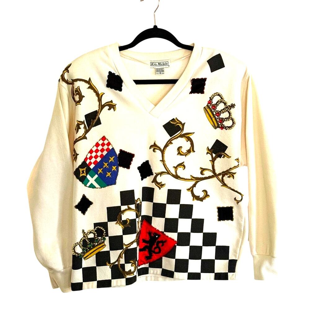 Vintage 90s Kris Michele Checkerboard Crown Graphic Sweatshirt Sweater S